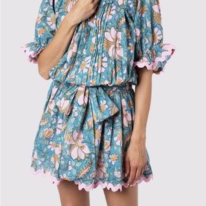 Juliet Dunn Floral Print Blouson Dress with Ric Rac Denim Blue Sz 1